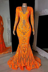 Vestidos de fiesta de sirena con lentejuelas naranjas, escote en V, apliques de encaje, largo hasta el suelo y manga larga